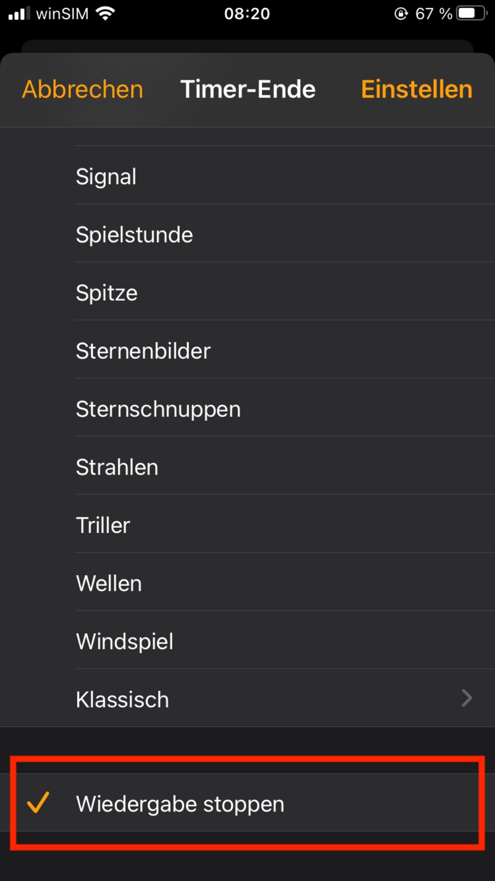 <br>Einfach einen Timer für einen Zeitraum einstellen und auf "Wiedergabe stoppen" tippen. Dann wird die Wiedergabe nach dieser Zeit automatisch beendet.