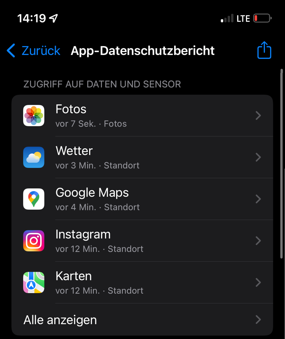 App-Datenschutzbericht in iOS