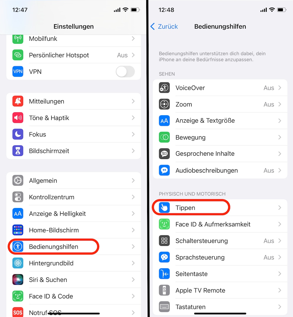 auf Rückseite tippen Screenshot iOS