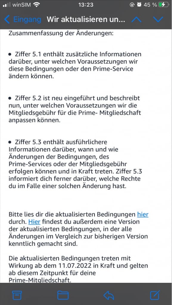Screenshot of Amazon Prime terms email