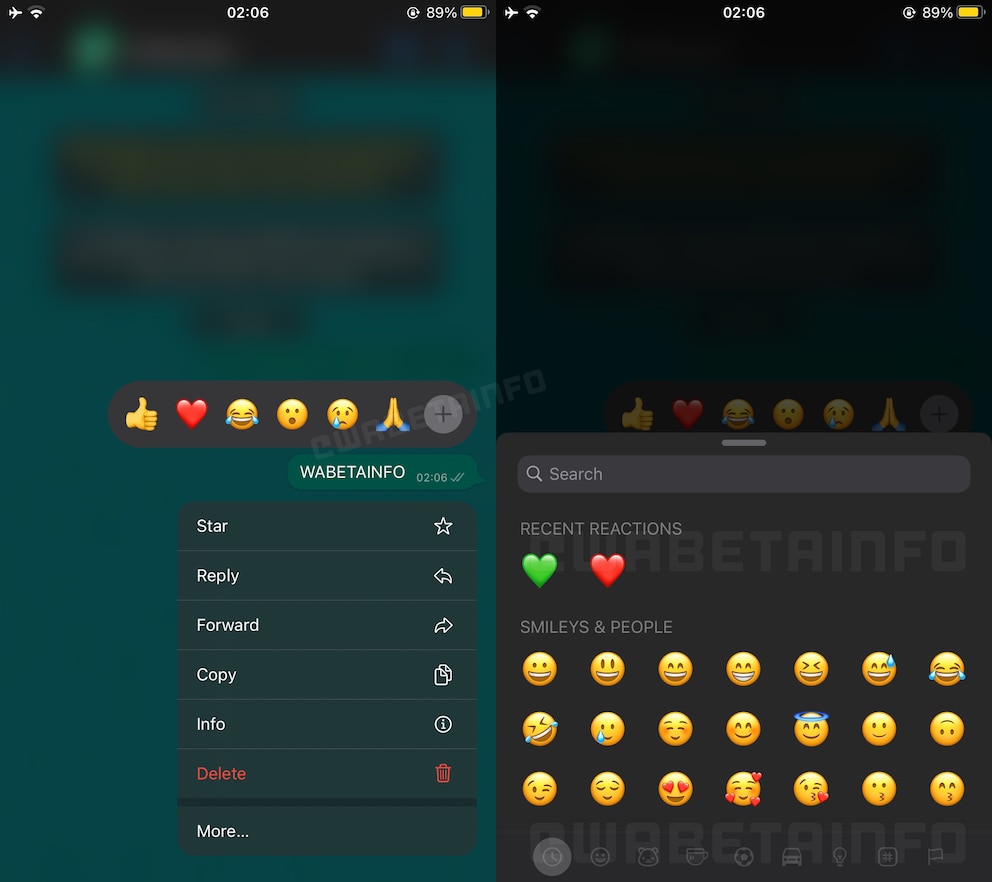 Screenshot WhatsApp Emoji Reaktion WABetaInfo