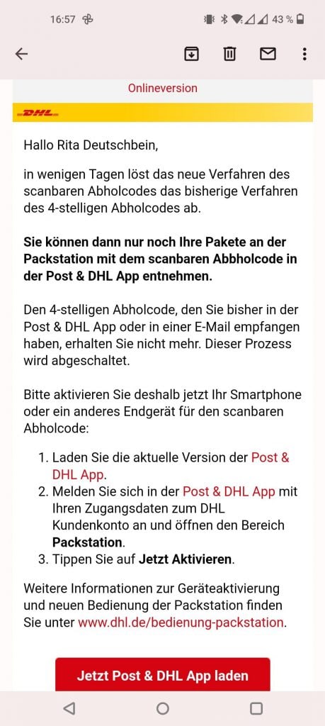 DHL parcel locker email