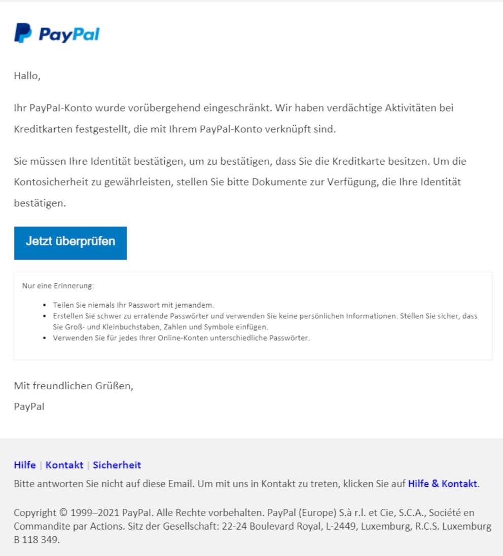 Angebliche E-Mail von PayPal