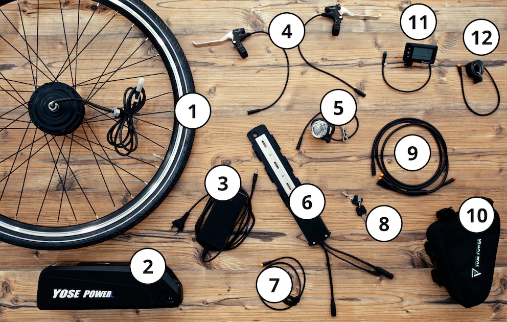 Das sind einzelnen Komponenten des E-Bike-Umbausatzes, welches rund 500 Euro gekostet hat.