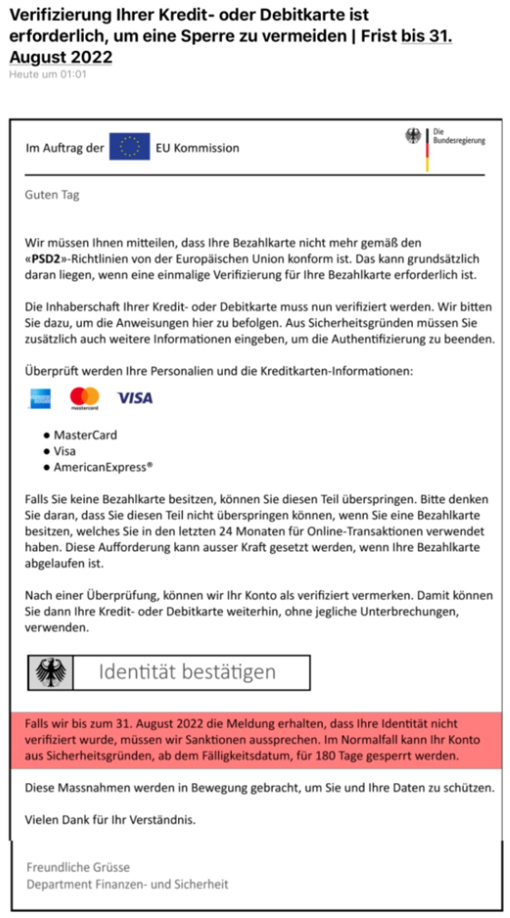 Phishing E-mail mit gefälschten Bundesregierung-Logo