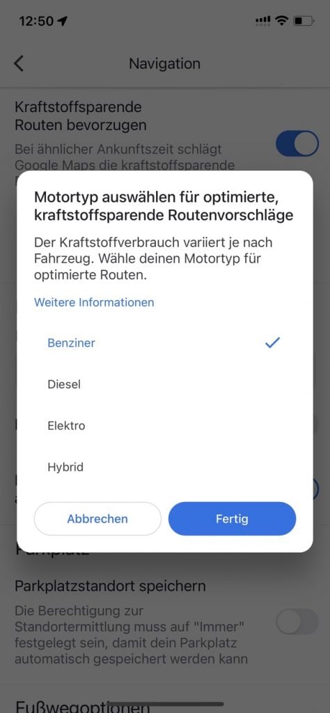 Google Maps now allows the selection of engine type
