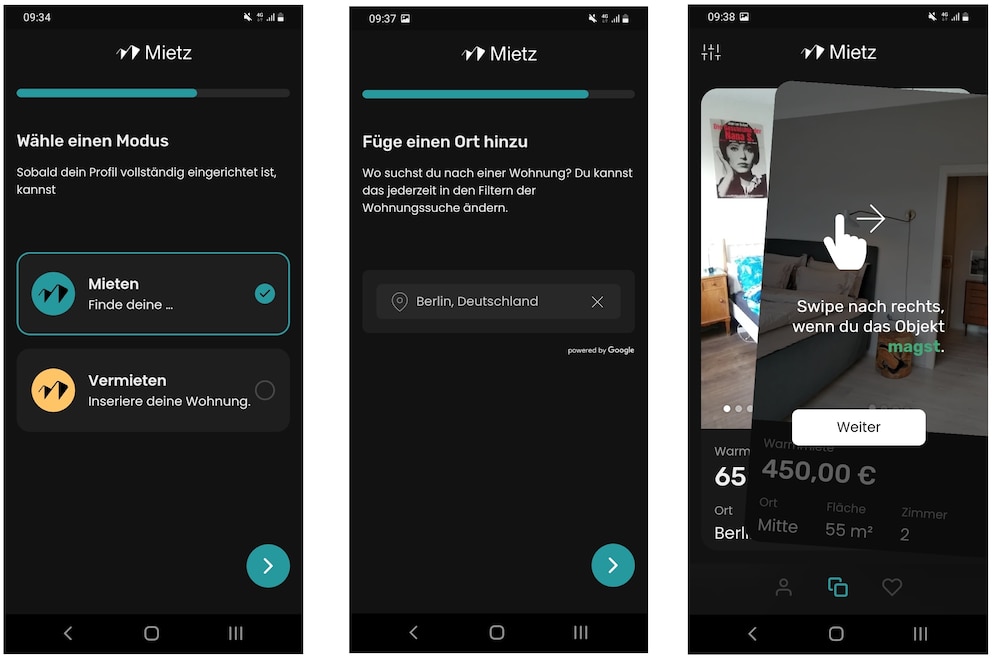 Mietz-App für die digitale Wohnungssuche, Einstieg.
