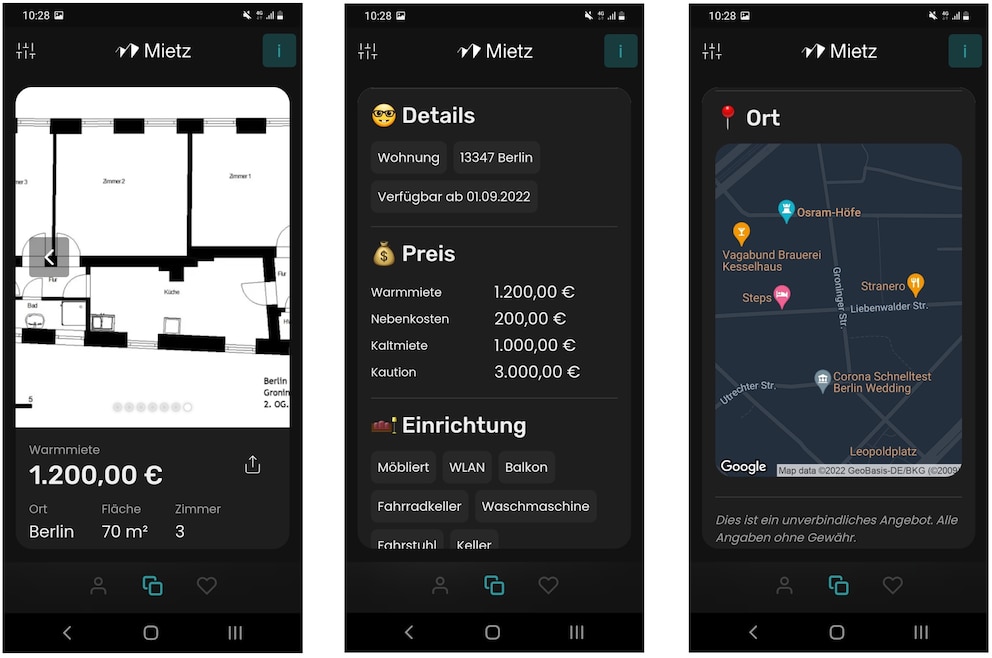 Übersicht Mietz-App zur Wohnungssuche mit Detail, Preis, Einrichtung und Ort