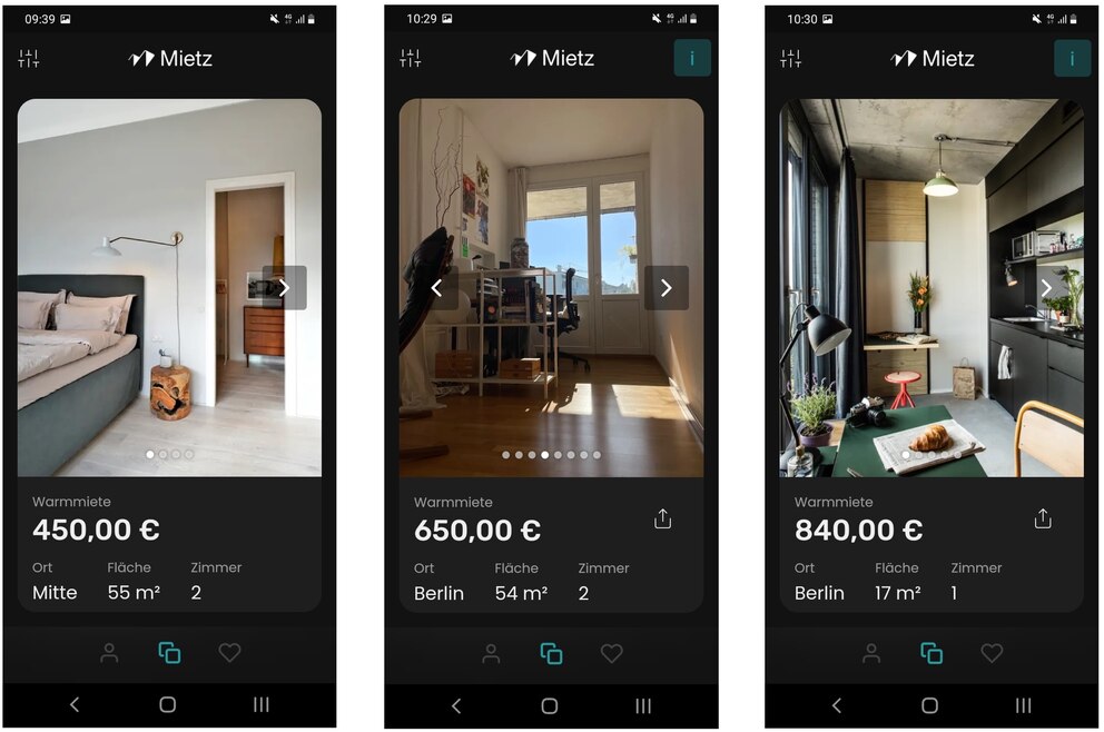Angebote in der Mietz-App bei der Wohnungssuche
