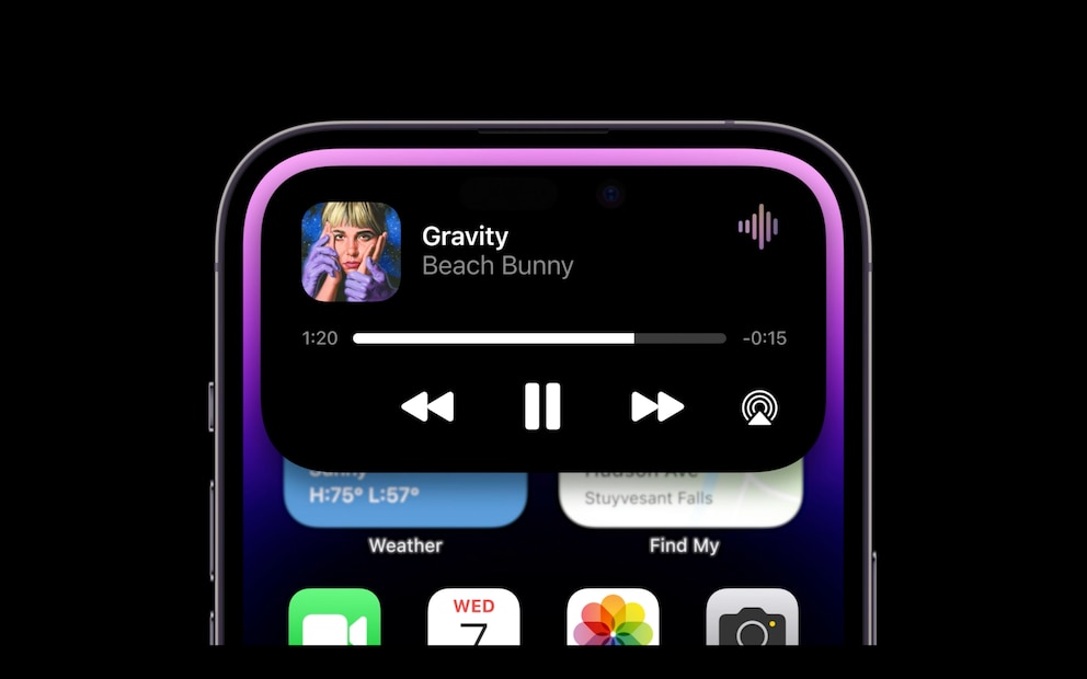So sieht es aus, wenn sich die „Dynamic Island“-Fläche vergrößert, um Steuerelemente anzuzeigen.