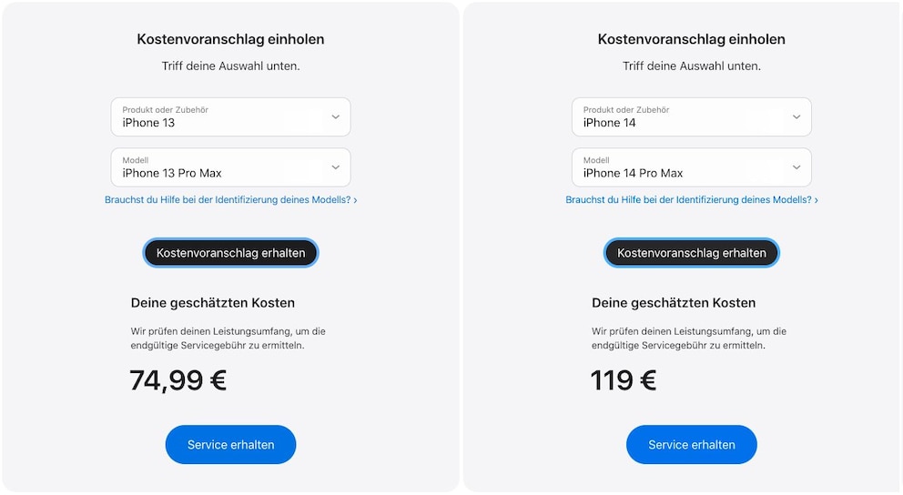 Der Preis für einen Akkutausch beim iPhone 14 Pro Max im Vergleich zum iPhone 13 Pro Max