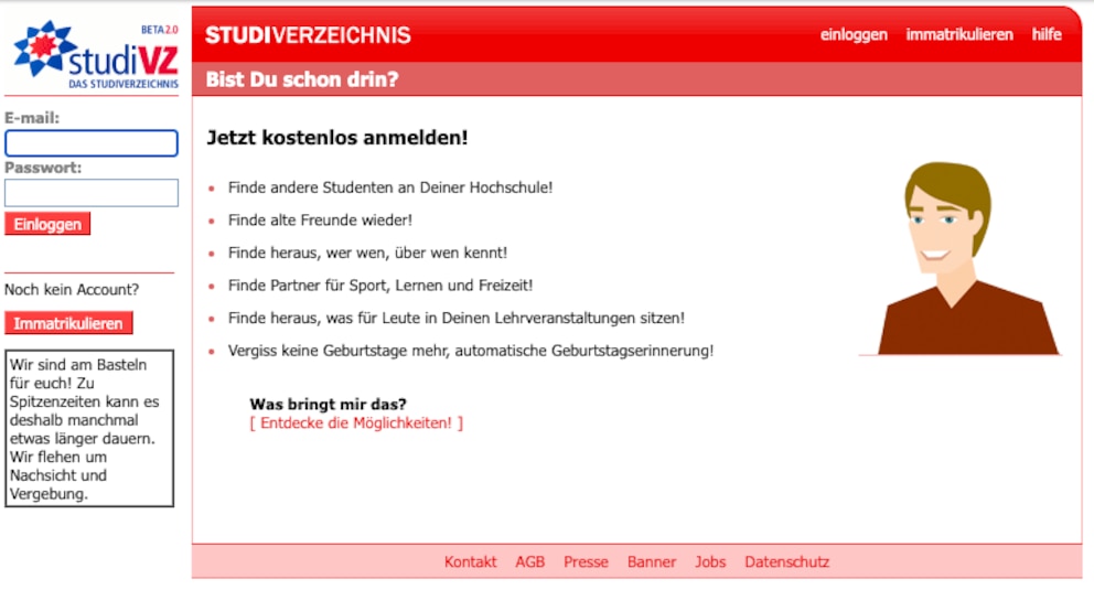 StudiVZ, alte Webseite der 90er um sich mit anderen Studenten zu vernetzen.