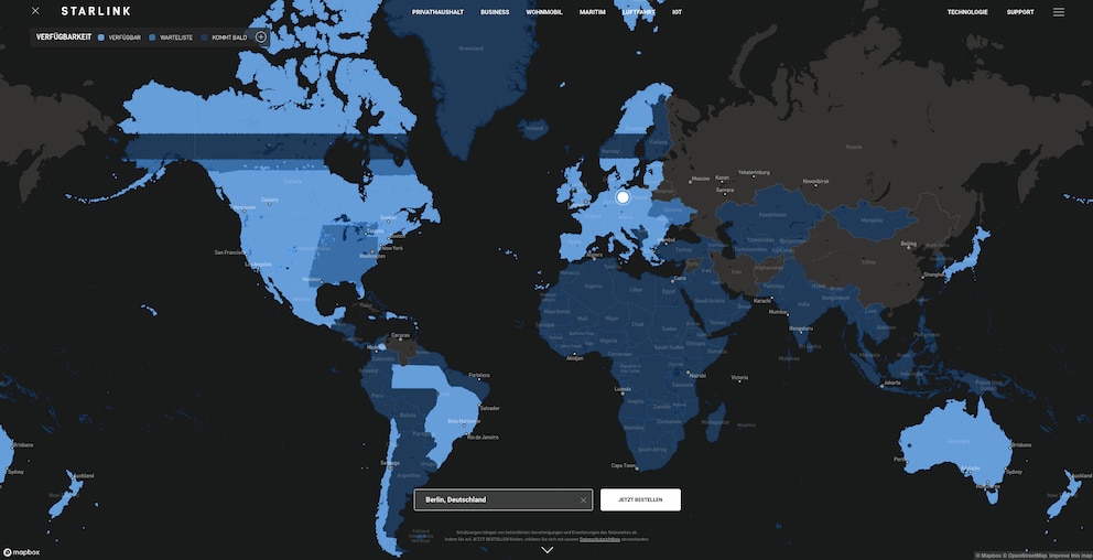 Karte von Starlink, die zeigt wo auf der Welt das Satelliteninternet verfügbar ist.
