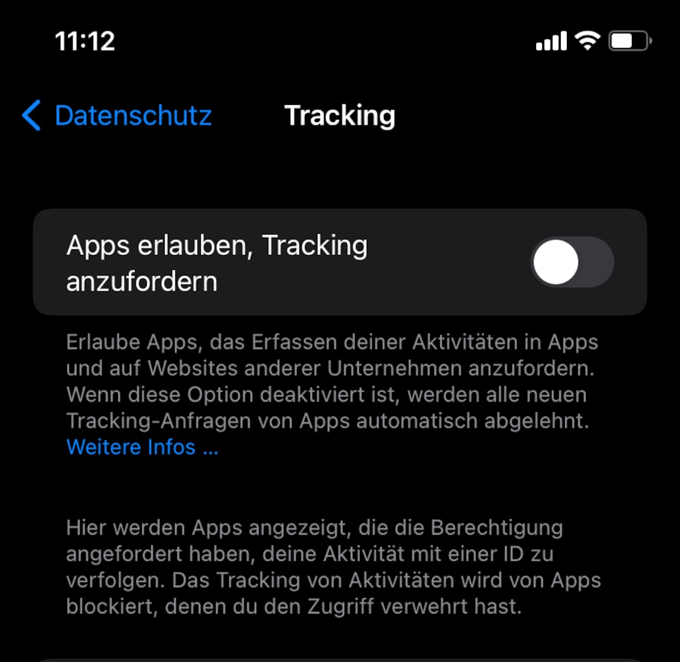 Datenschutzeinstellungen für Tracking im iPhone Menü iOS 15.6