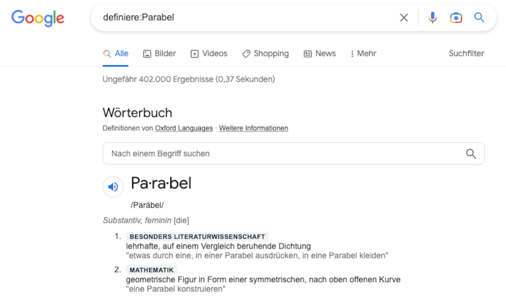 Google-Suche Webseite mit aufgerufenen Wörterbuch durch den Befehl definiere: