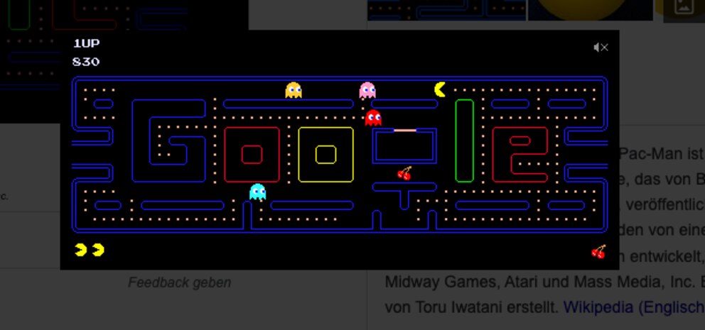 Der Spiele-Klassiker Pacman als Mini-Spiel im Browser auf der Google-Suche-Webseite.