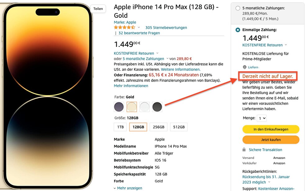 Das iPhone 14 Pro Max ist bei Amazon derzeit nicht auf Lager