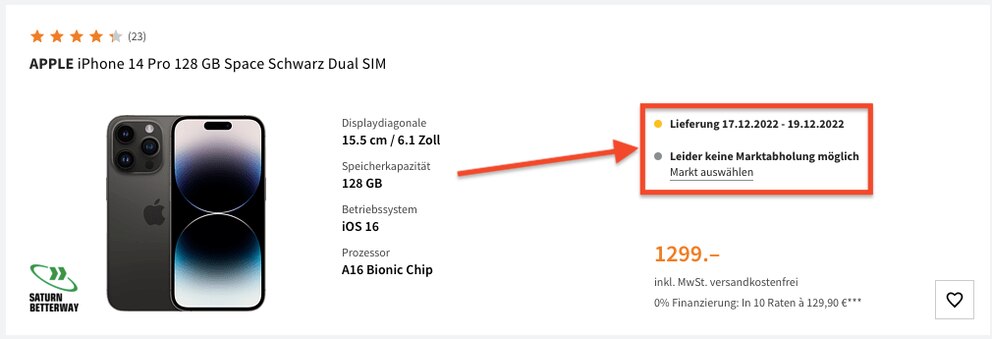 Bei Saturn kommt das iPhone 14 Pro zumindest vor Weihnachten an