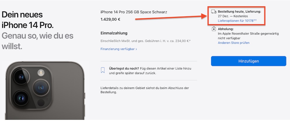 Wer ein iPhone 14 Pro bei Apple bestellt, bekommt es erst nach Weihnachten geliefert