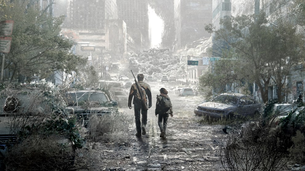 The Last of Us Serie HBO Mann und Mädchen vor zerstörter Stadt
