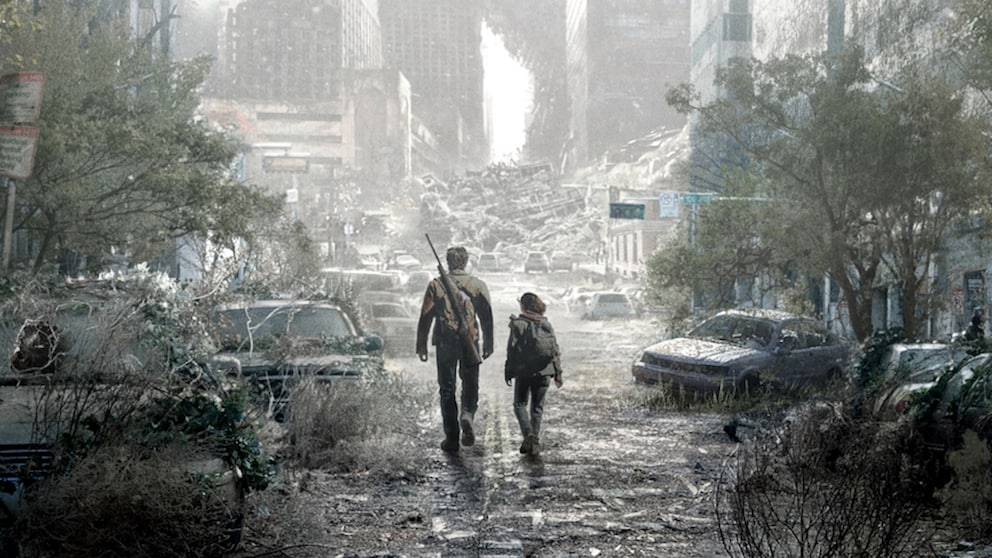 The Last of Us Serie HBO Mann und Mädchen vor zerstörter Stadt