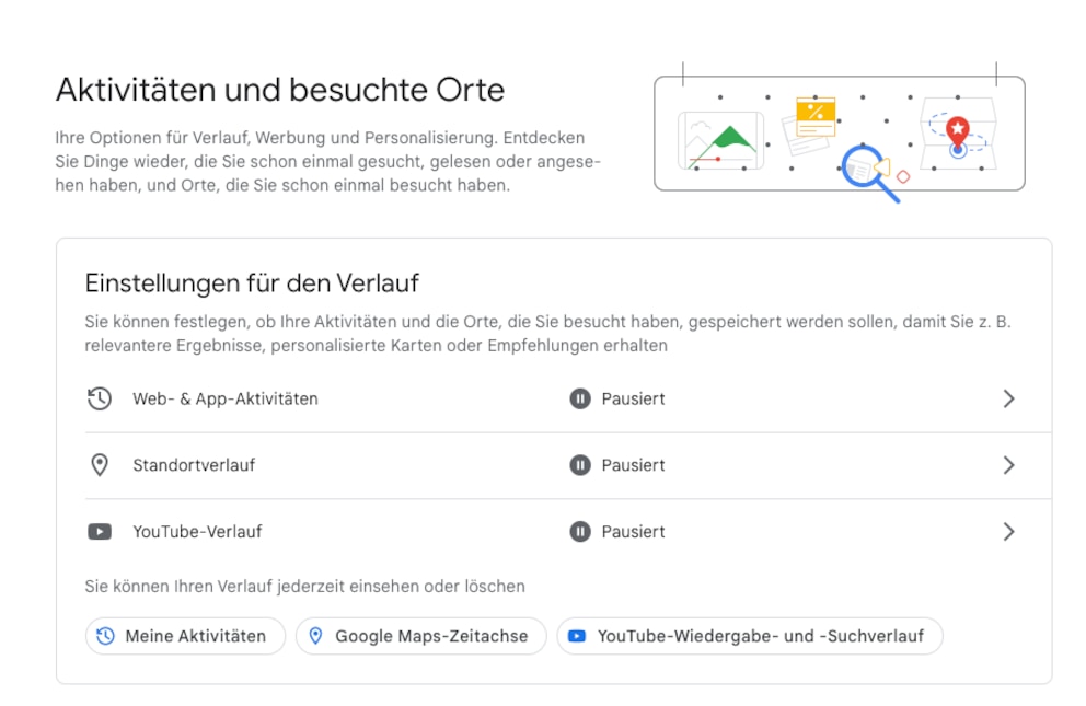 Aktivitäten-Kontrolle im Google-Konto. Hier ein Menü mit allen Aktivitäten und besuchten Orten, die mit einem Google-Konto in Verbindung gebracht werden.