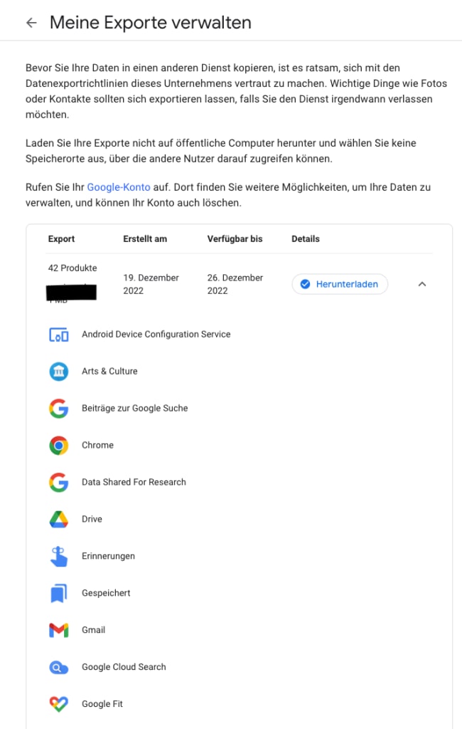 Menu for exporting collected Google data. Data from 42 Google products can be downloaded.