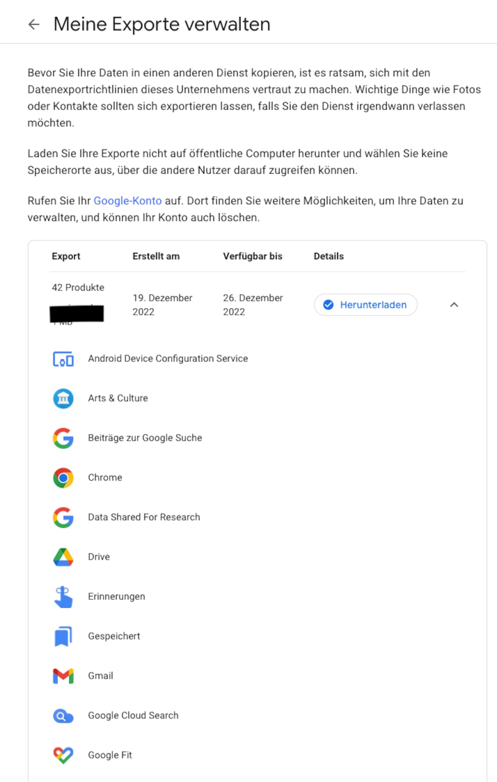 Menü zum Exportieren von gesammelten Google-Daten. Daten von 42 Google-Produkten können heruntergeladen werden.