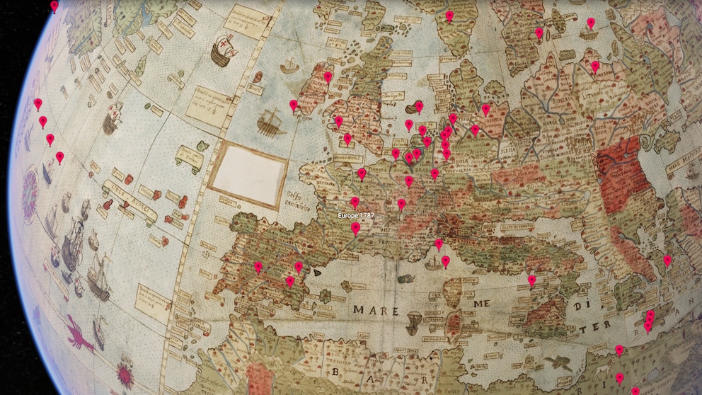 Eine historische Karte zeigt den Kontinent Europa nach dem Kenntnisstand von 1587