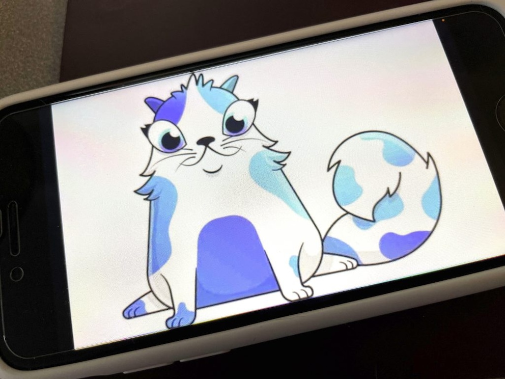 A CryptoKitties trading card on a smartphone