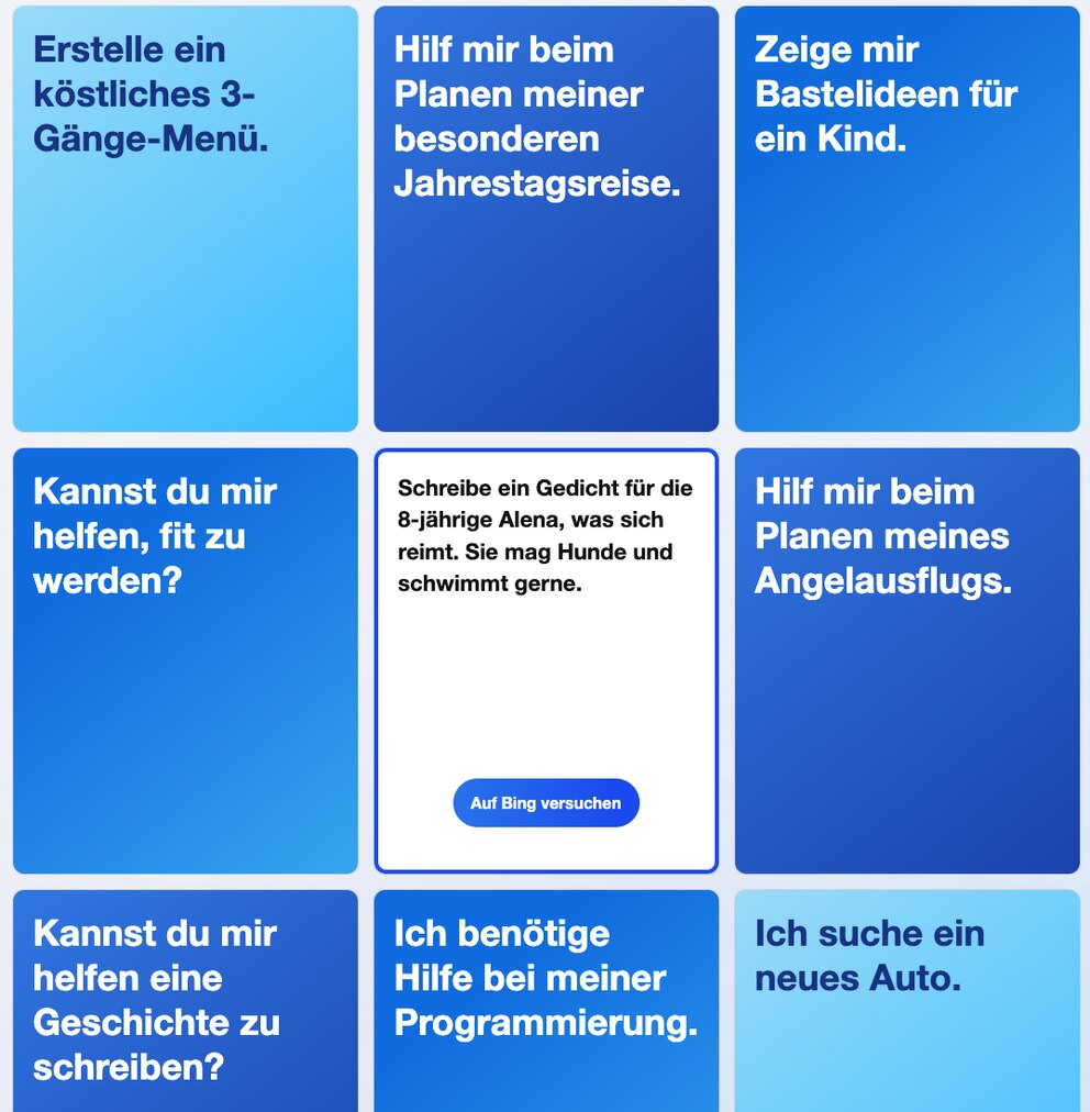 Eine Reihe von möglichen Fragestellungen, die Bing dank ChatGPT-Einbindung beantworten kann