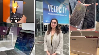 MWC 2023 Highlights Kollage Reporterin mit Xiaomi 13 Pro Kamera, Motorola rollbares Display, Fritzbox und Honor Magic Vs