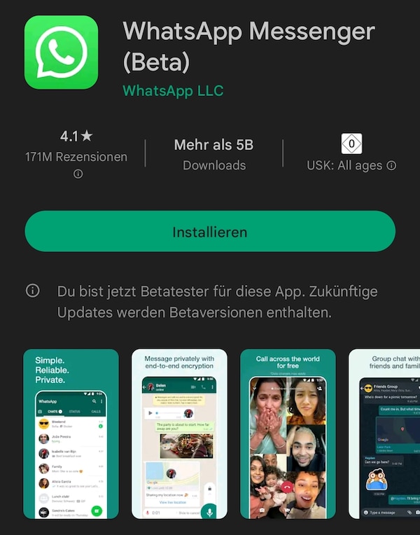 Die Play-Store-Seite von WhatsApp nach Anmeldung zur Beta-Version 