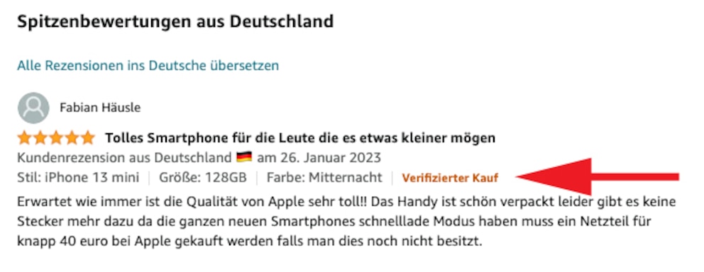 Den Zusatz „verifizierter Kauf“ findet man bei Amazon-Bewertungen häufig.