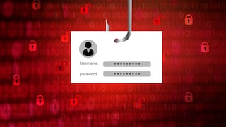 Symbolbild für Phishing: Kärtchen mit Username und Passwort am Angelhaken vor rotem Hintergrund
