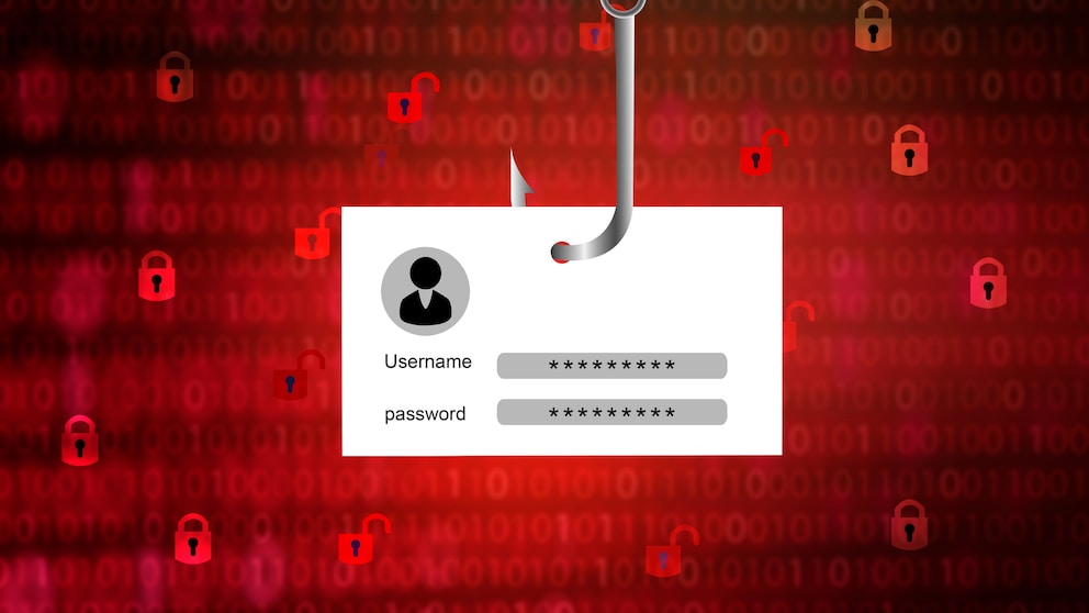 Symbolbild für Phishing: Kärtchen mit Username und Passwort am Angelhaken vor rotem Hintergrund