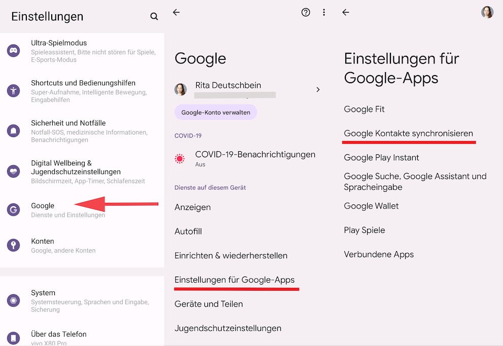 Um die Synchronisierung von Kontakten zu aktivieren, müssen Nutzer in die Einstellungen für Google-Apps gehen.