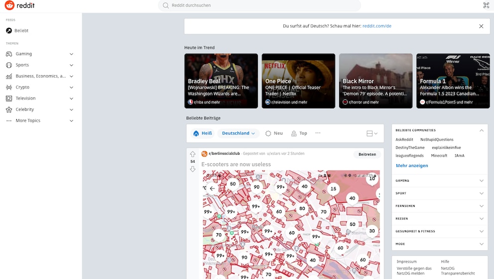 Screenshot von der Reddit-Startseite