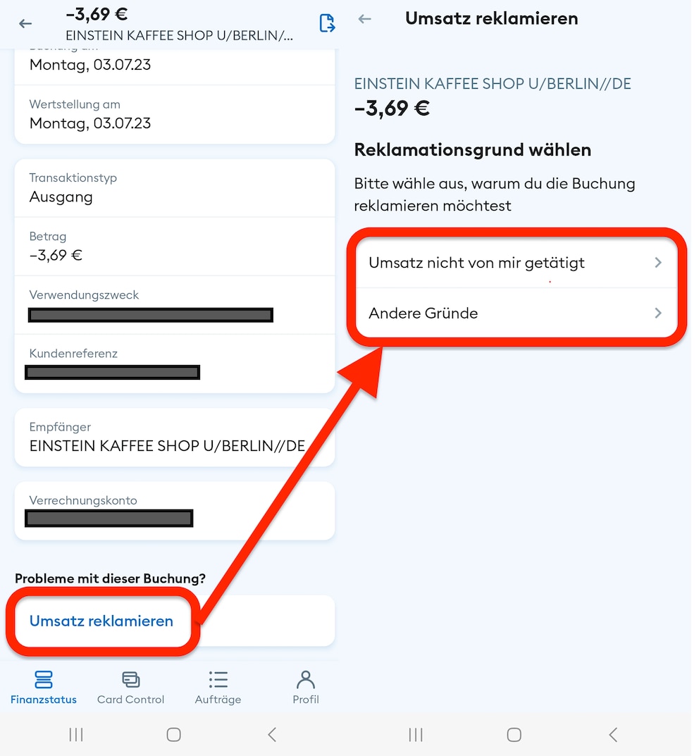 So funktioniert die Umsatzreklamation in der DKB-App nach Update auf Version 1.33