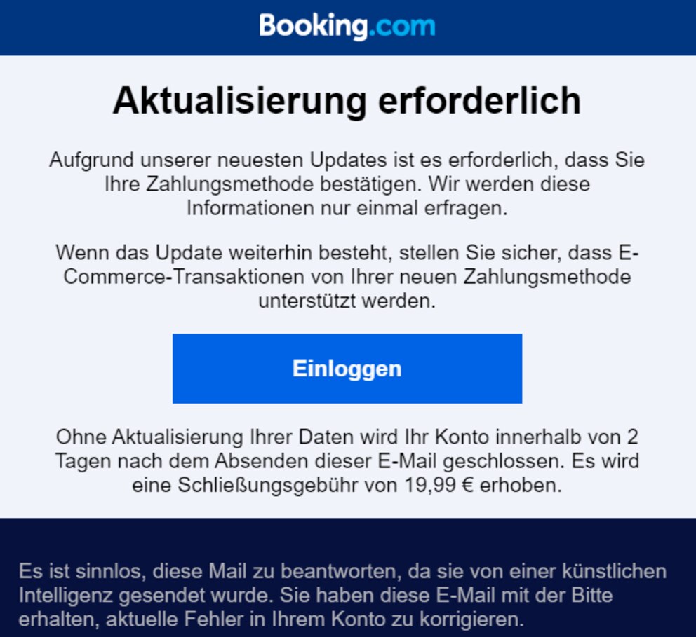 So sieht die angeblich von Booking.com stammende E-Mail aus