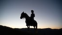 Dunkle Silhouette eines Cowboys auf Pferd vor Sonnenuntergang