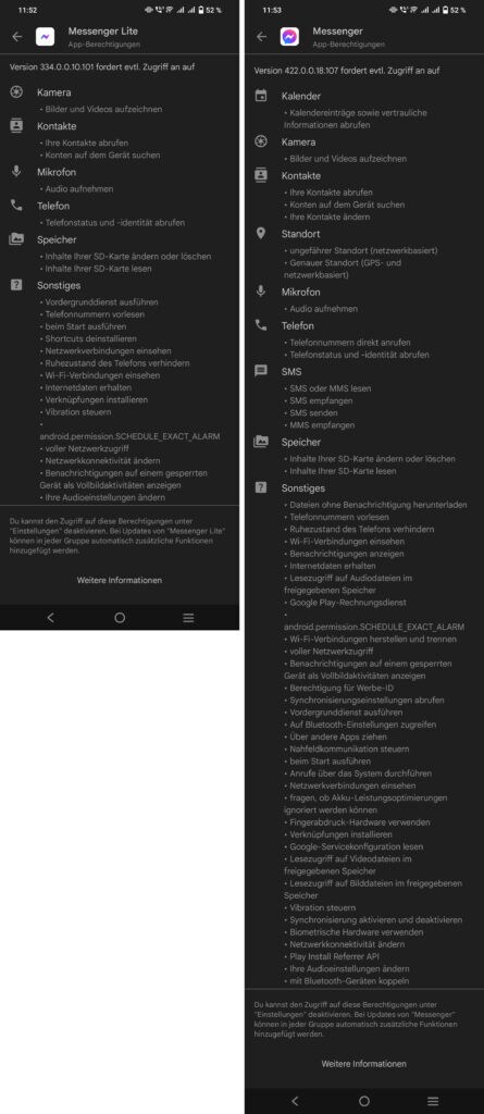 In comparison, the Messenger takes significantly more permissions than the Lite version