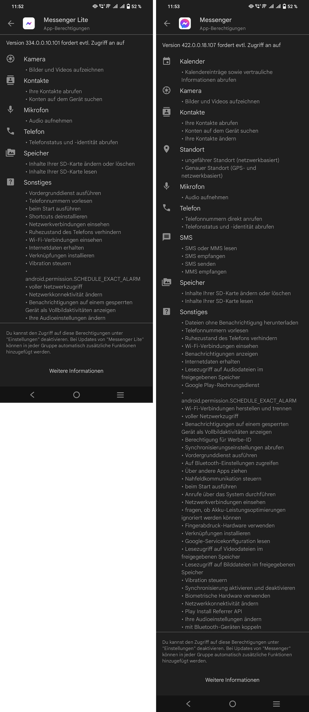 Im Vergleich nimmt sich der Messenger deutlich mehr Berechtigungen als die Lite-Version heraus