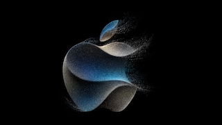 Screenshot Apple Logo für Keynote 2023: Apfel-Logo in Titanfarben leicht verweht
