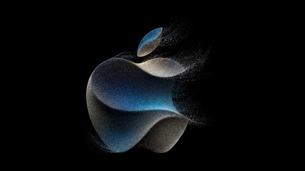 Screenshot Apple Logo für Keynote 2023: Apfel-Logo in Titanfarben leicht verweht