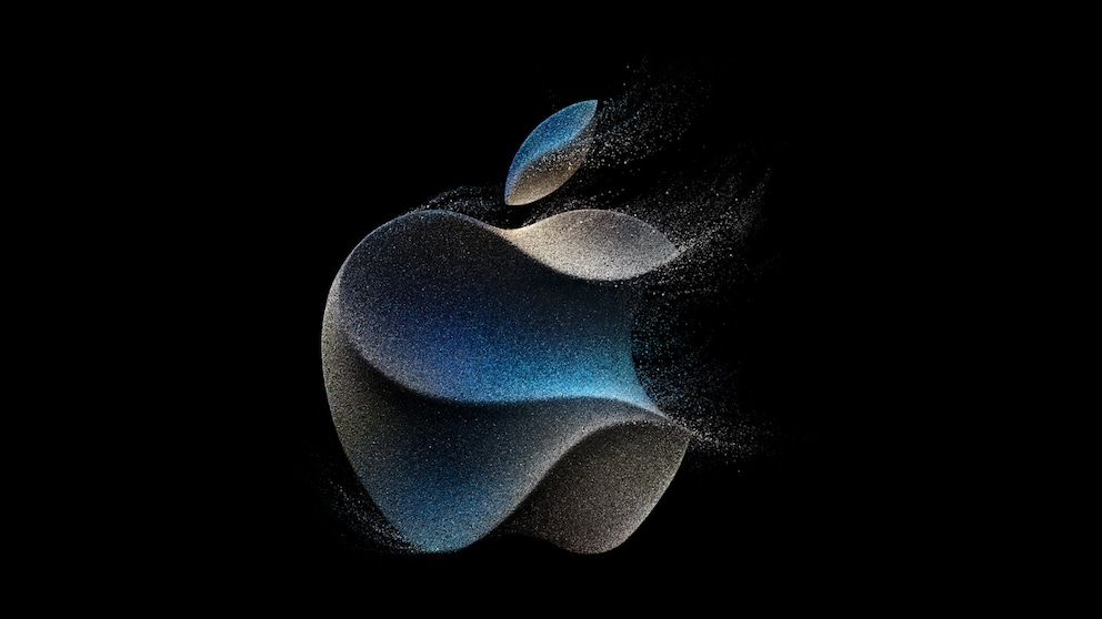 Screenshot Apple Logo für Keynote 2023: Apfel-Logo in Titanfarben leicht verweht