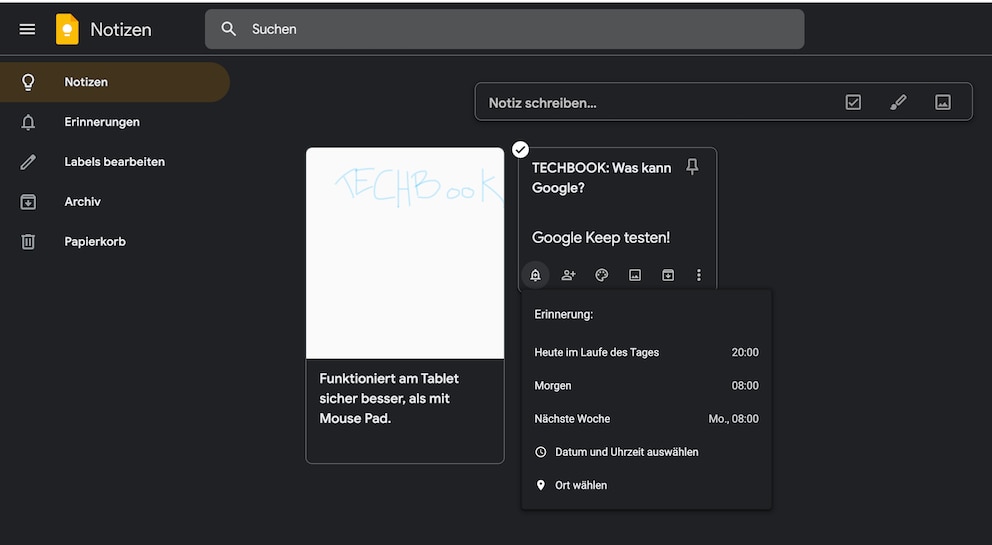 Mit Google Keep kann man Notizen und Erinnerungen aufsetzen.