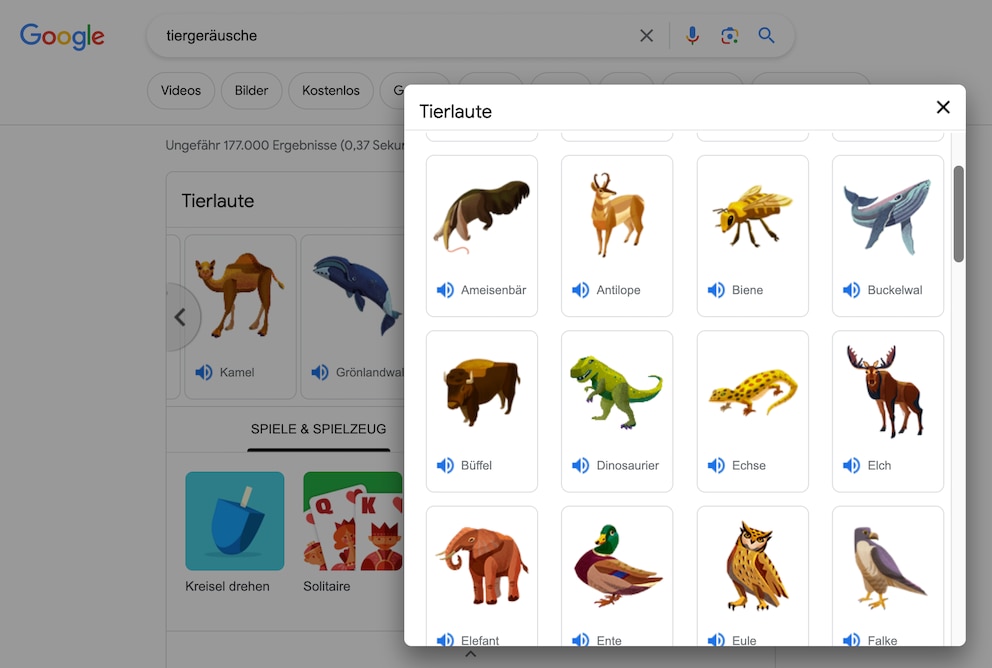 Über „Tiergeräusche“ in der Google-Suche erhält man eine Auswahl von abspielbaren Sounds. 