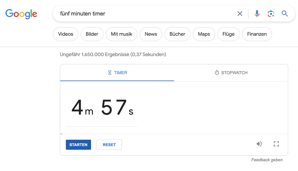 Über die Google-Suche können Sie einen Timer und eine Stoppuhr finden. 