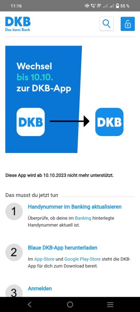 DKB announces the end for the current app. Customers must now switch to the new banking system